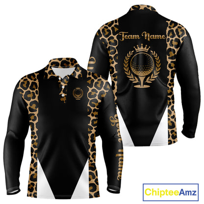 Mens Golf Polo Shirts Brown Leopard Pattern Black Golf Shirt Custom Name Golf Wear For Mens NBT560