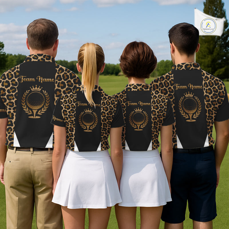 Mens Golf Polo Shirts Brown Leopard Pattern Black Golf Shirt Custom Name Golf Wear For Mens NBT560