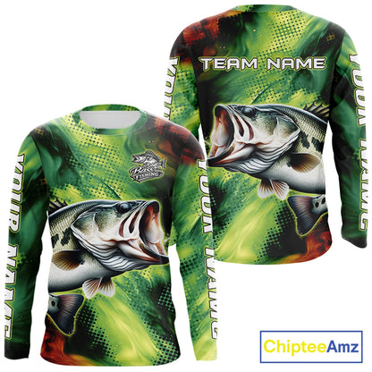 Custom Green Camo Bass Long Sleeve Fishing Shirts, Bass Fishing Shirts For Men NBT449