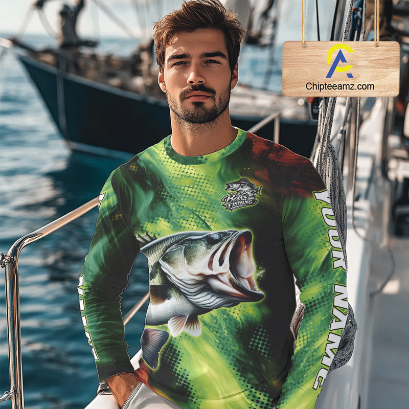 Custom Green Camo Bass Long Sleeve Fishing Shirts, Bass Fishing Shirts For Men NBT449