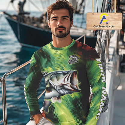 Custom Green Camo Bass Long Sleeve Fishing Shirts, Bass Fishing Shirts For Men NBT449