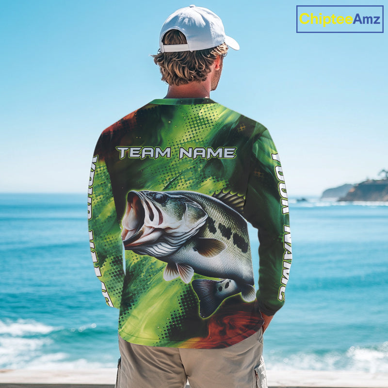 Custom Green Camo Bass Long Sleeve Fishing Shirts, Bass Fishing Shirts For Men NBT449