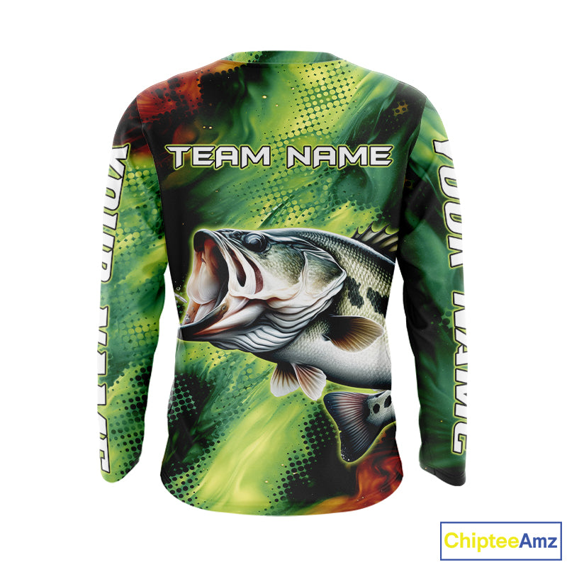 Custom Green Camo Bass Long Sleeve Fishing Shirts, Bass Fishing Shirts For Men NBT449