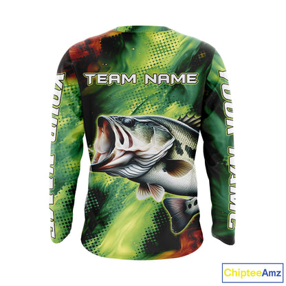Custom Green Camo Bass Long Sleeve Fishing Shirts, Bass Fishing Shirts For Men NBT449