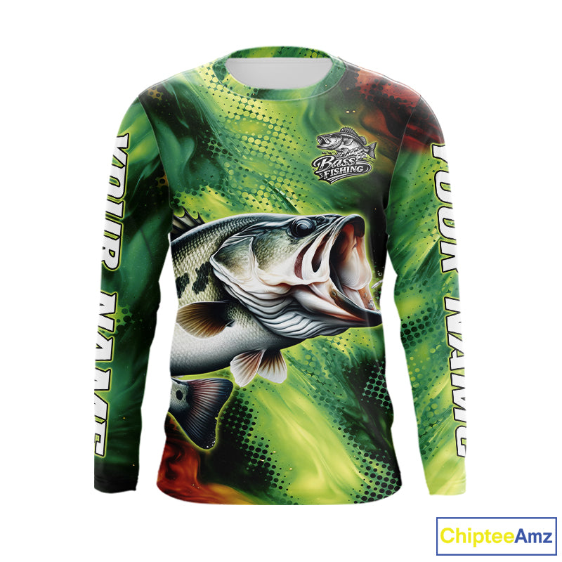 Custom Green Camo Bass Long Sleeve Fishing Shirts, Bass Fishing Shirts For Men NBT449