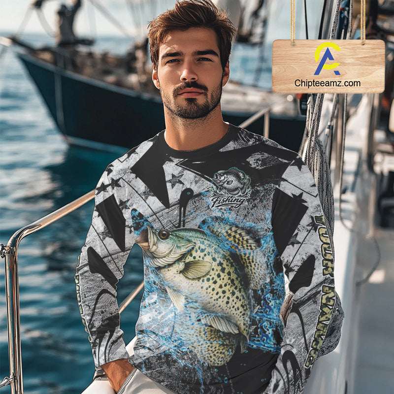 Custom American Flag Crappie Fishing Shirts Long Sleeve, Crappie Patriotic Fishing Shirt NBT471