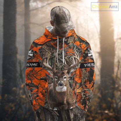 Whitetail Deer Hunting Orange Forest Camo 3D Printed Shirts, Hunting Hoodie Gift for Men NBT319