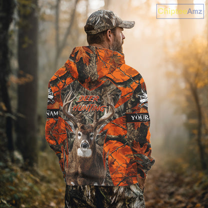 Whitetail Deer Hunting Orange Forest Camo 3D Printed Shirts, Hunting Hoodie Gift for Men NBT319