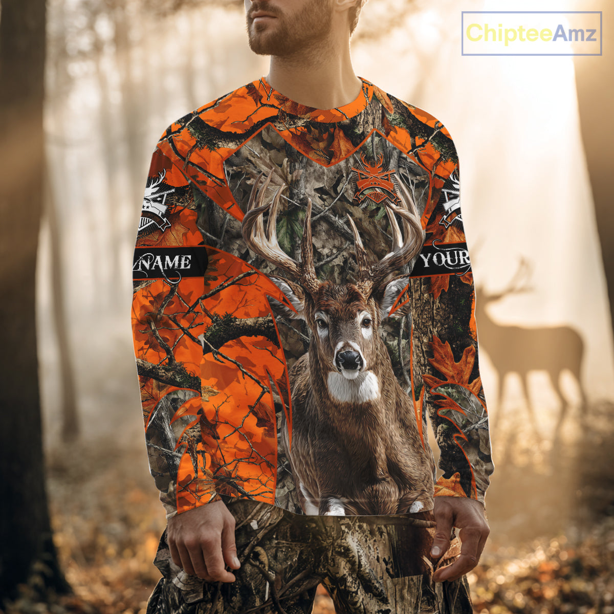 Whitetail Deer Hunting Orange Forest Camo 3D Printed Shirts, Hunting Hoodie Gift for Men NBT319
