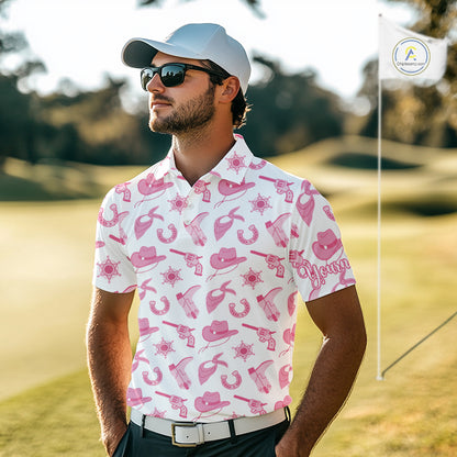 Pink Western Cowgirl Mens Golf Polo Shirts, Cute Cowgirl Golf Shirts, Funny Country Style Shirt NBT476