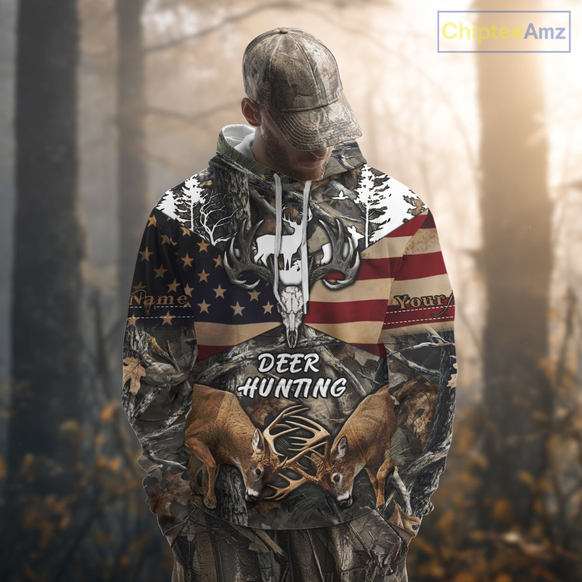 Custom Whitetail Deer Hunting Forest Camo Shirts with US Flag, Personalized Hunting Shirt NBT341