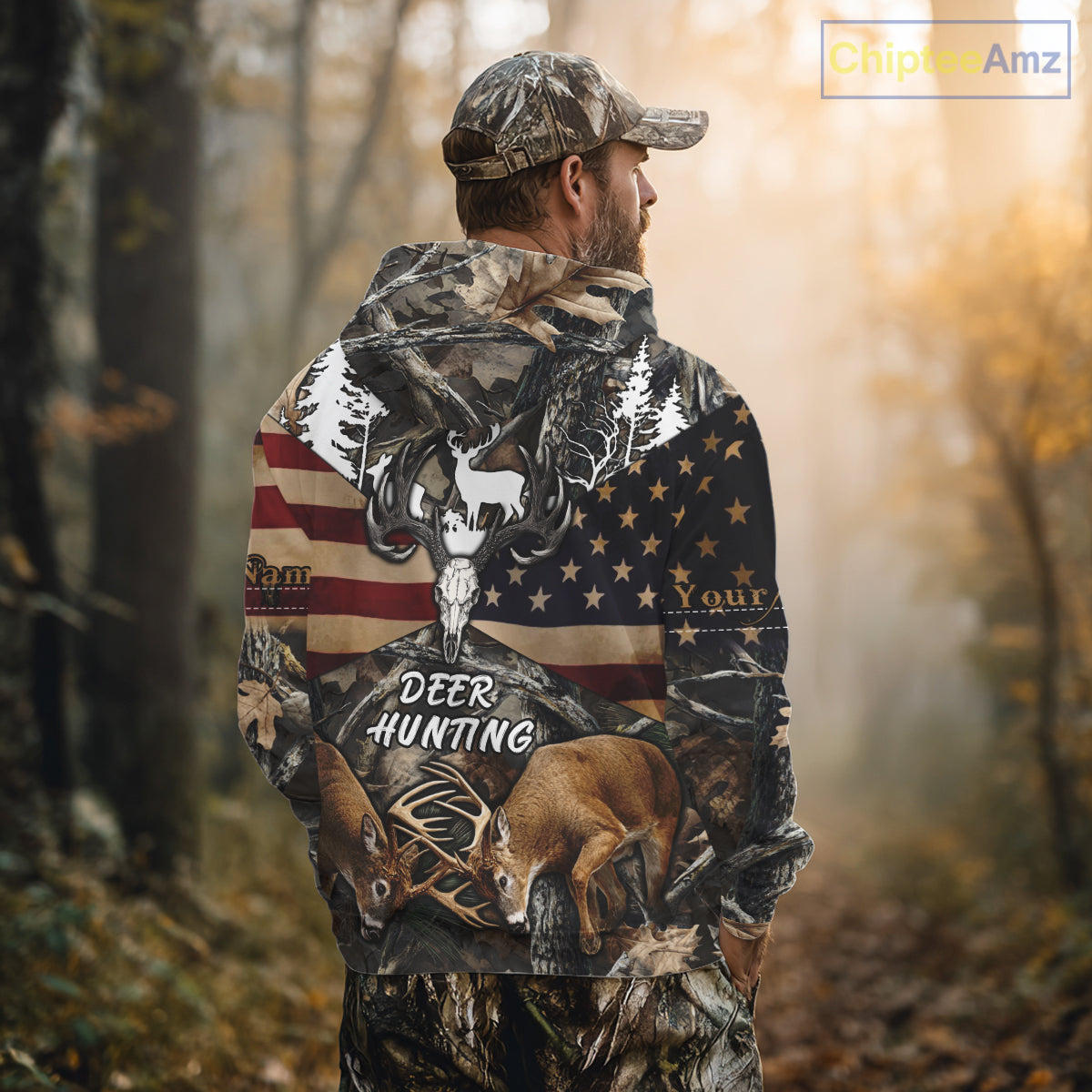 Custom Whitetail Deer Hunting Forest Camo Shirts with US Flag, Personalized Hunting Shirt NBT341