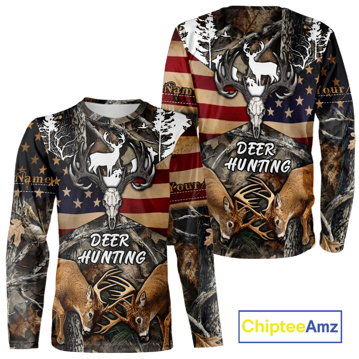 Custom Whitetail Deer Hunting Forest Camo Shirts with US Flag, Personalized Hunting Shirt NBT341