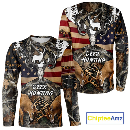 Custom Whitetail Deer Hunting Forest Camo Shirts with US Flag, Personalized Hunting Shirt NBT341