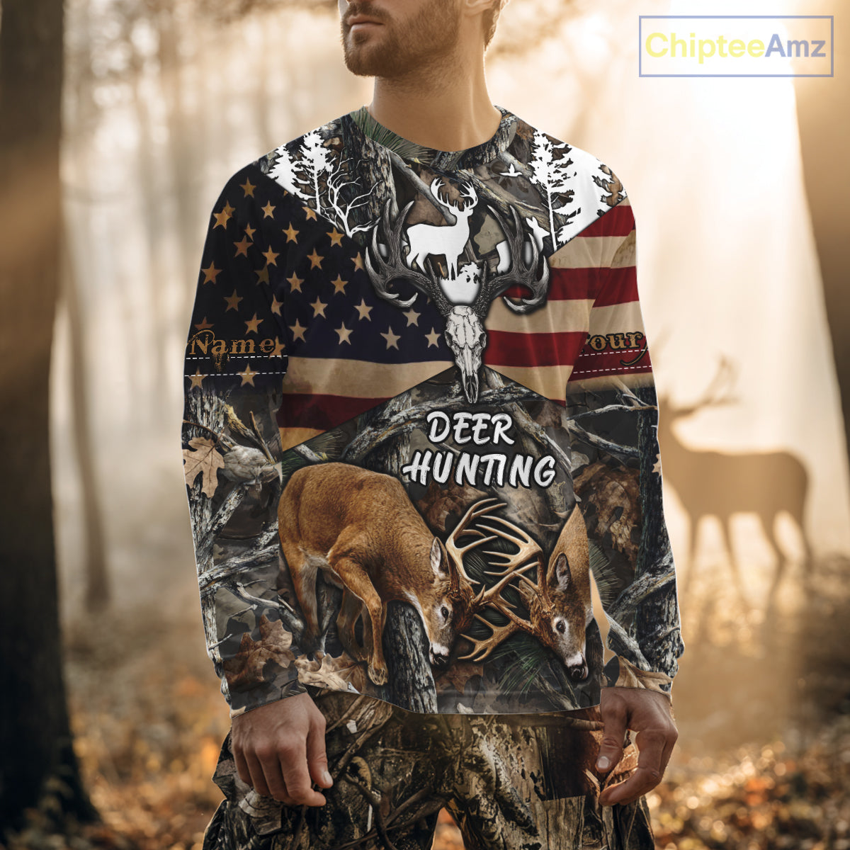 Custom Whitetail Deer Hunting Forest Camo Shirts with US Flag, Personalized Hunting Shirt NBT341