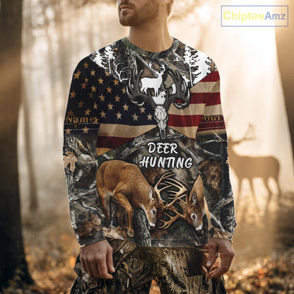 Custom Whitetail Deer Hunting Forest Camo Shirts with US Flag, Personalized Hunting Shirt NBT341