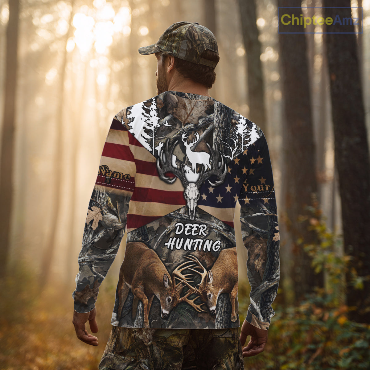 Custom Whitetail Deer Hunting Forest Camo Shirts with US Flag, Personalized Hunting Shirt NBT341