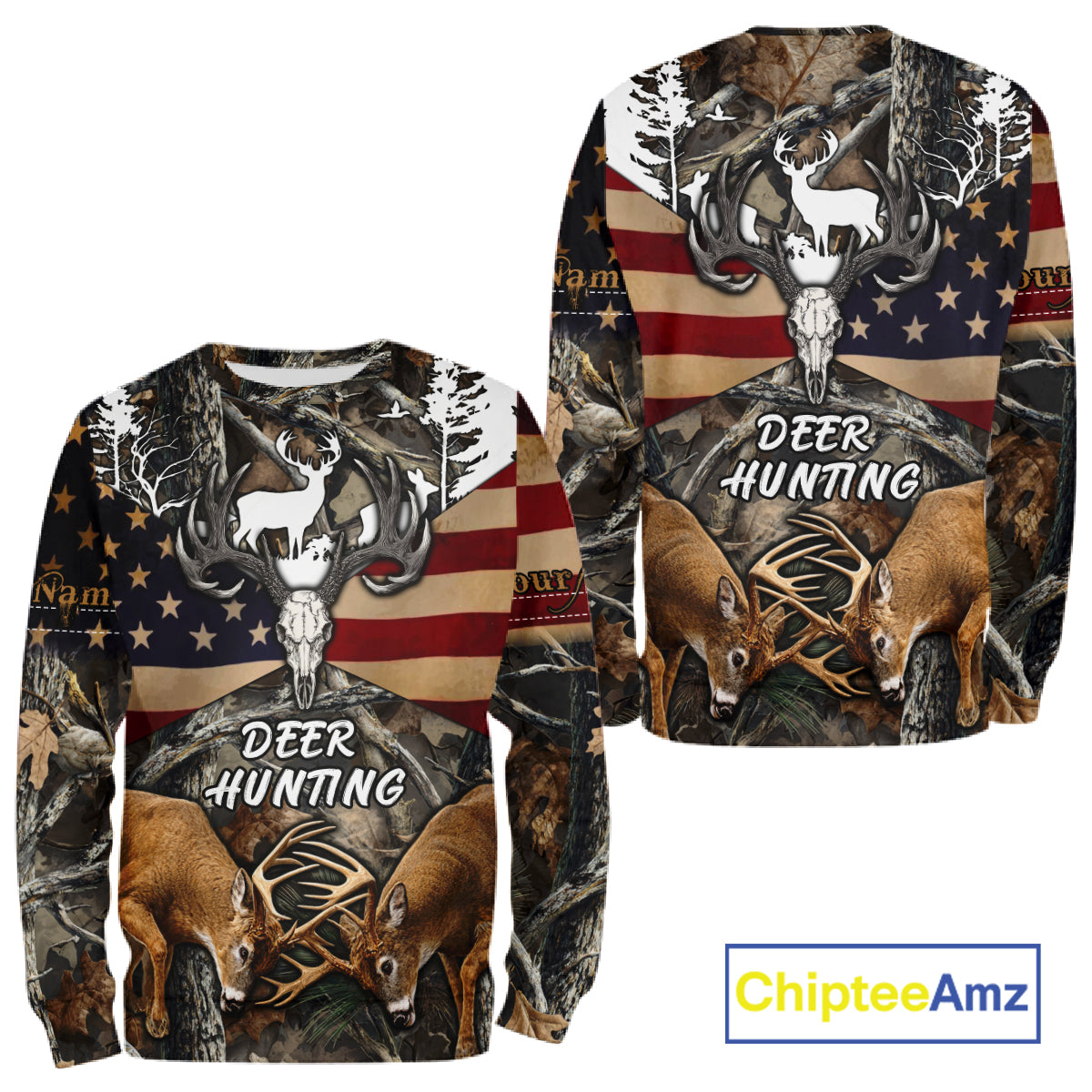Custom Whitetail Deer Hunting Forest Camo Shirts with US Flag, Personalized Hunting Shirt NBT341