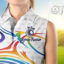 Load image into Gallery viewer, Rainbow Color Womens Sleeveless Golf Polo Shirts Golf Ball Pattern Custom Name, White Golf Shirt For Women NBT545
