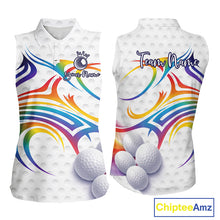 Load image into Gallery viewer, Rainbow Color Womens Sleeveless Golf Polo Shirts Golf Ball Pattern Custom Name, White Golf Shirt For Women NBT545