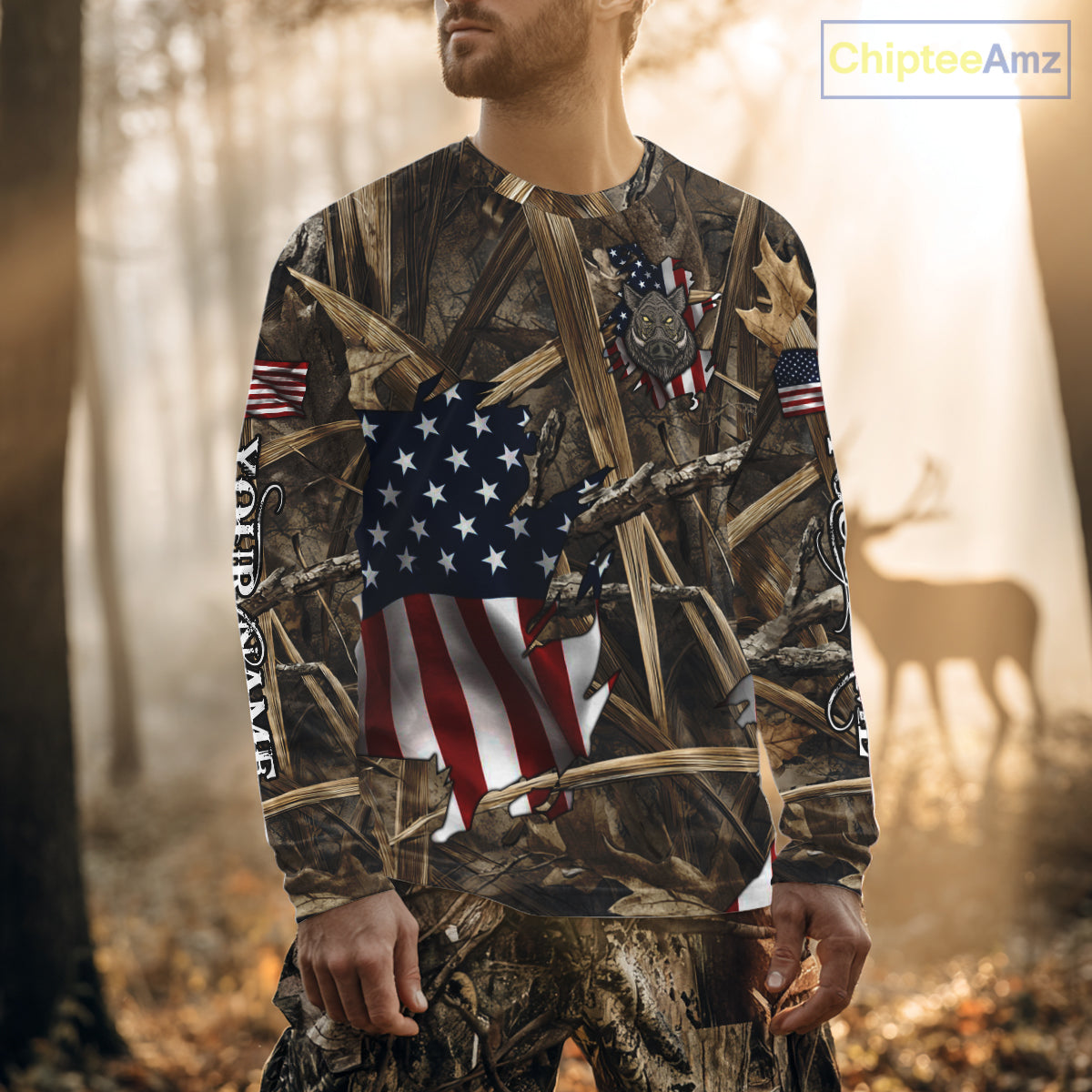 American Flag Boar Camo Hunting Shirt, Best Hunting Clothes for Boar Hunting Season NBT185