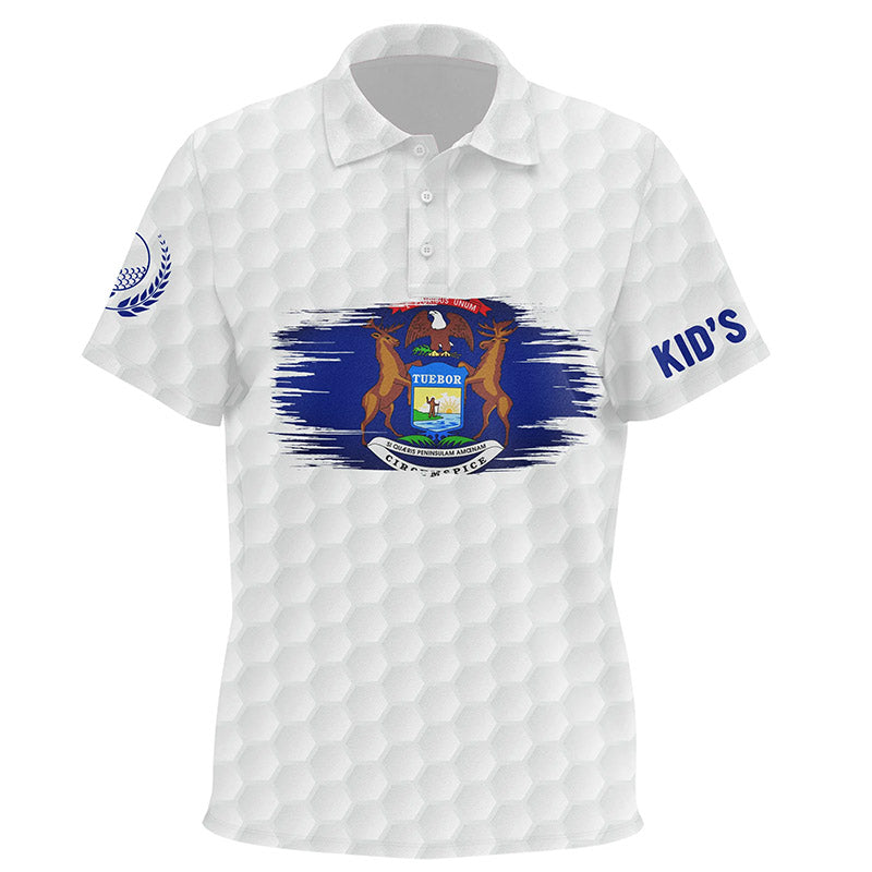 Michigan Flag White Golf Ball Pattern Kids Polo Shirts Custom Patriotic Unisex Golf Shirts For Kid LDT0499