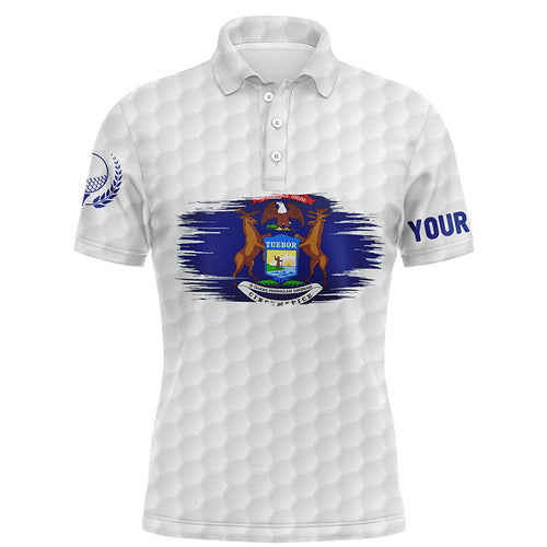 Michigan Flag White Golf Ball Pattern Mens Polo Shirt Custom Patriotic Golf Shirts For Men LDT0499