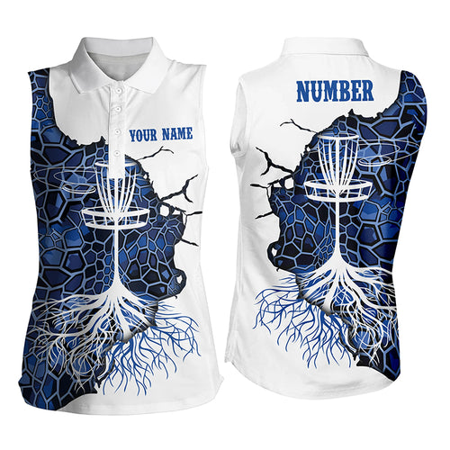 Blue Camo Womens Disc Golf Sleeveless Polo Shirt Geometric Custom Disc Golf Tops For Women Golf Gifts LDT1034