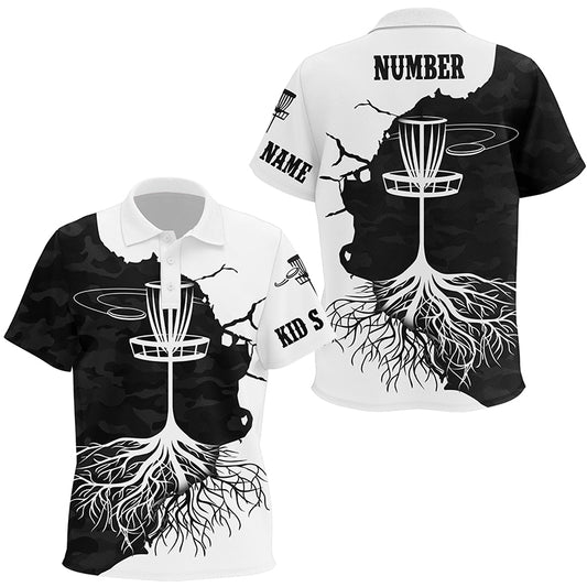 Black Camo Kids Disc Golf Polo Shirt Custom Black White Disc Golf Shirts For Kid Disc Golf Gifts LDT1035