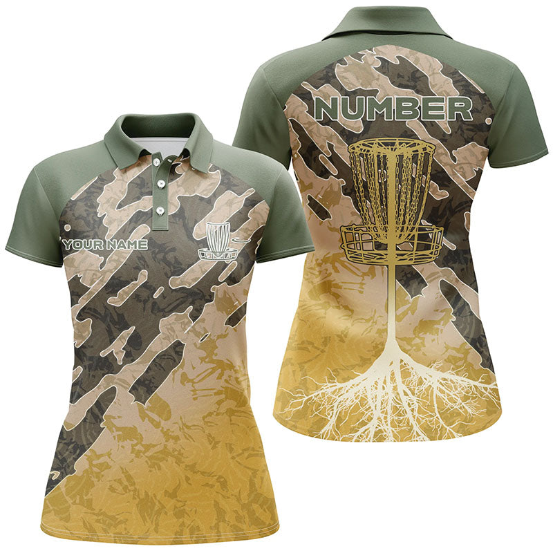 Customized Disc Golf Camo Forest Tribal Green Yellow Golf Polo Shirt Disc Golf Tops For Women LDT0842
