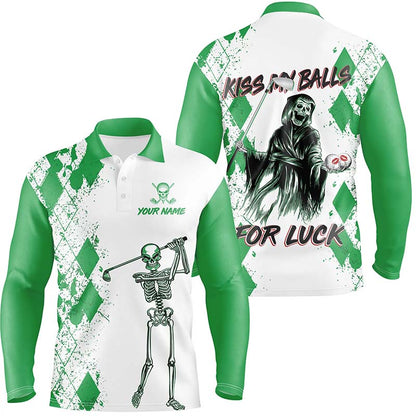 Mens Kiss My Balls Golf Polo Shirts Skeleton Green Argyle Scary Halloween Golf Shirts For Men  LDT0324