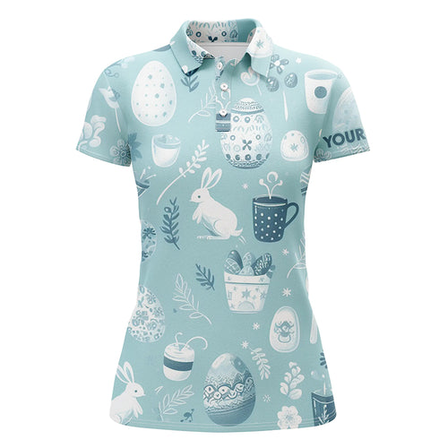 Blue Funny Easter Eggs & Bunnies Womens Golf Polo Shirt Custom Easter Day Golf Tops For Women LDT1334