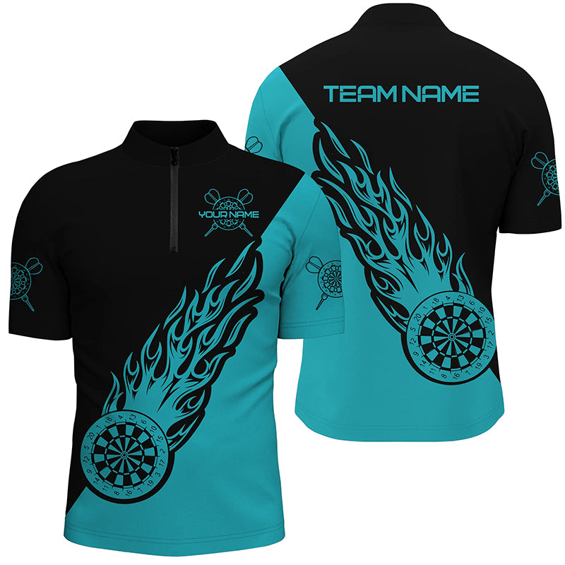 Personalized Turquoise & Black Flame Darts Quarter-Zip Shirt Dart Shirt For Men Dart Jersey LDT0696
