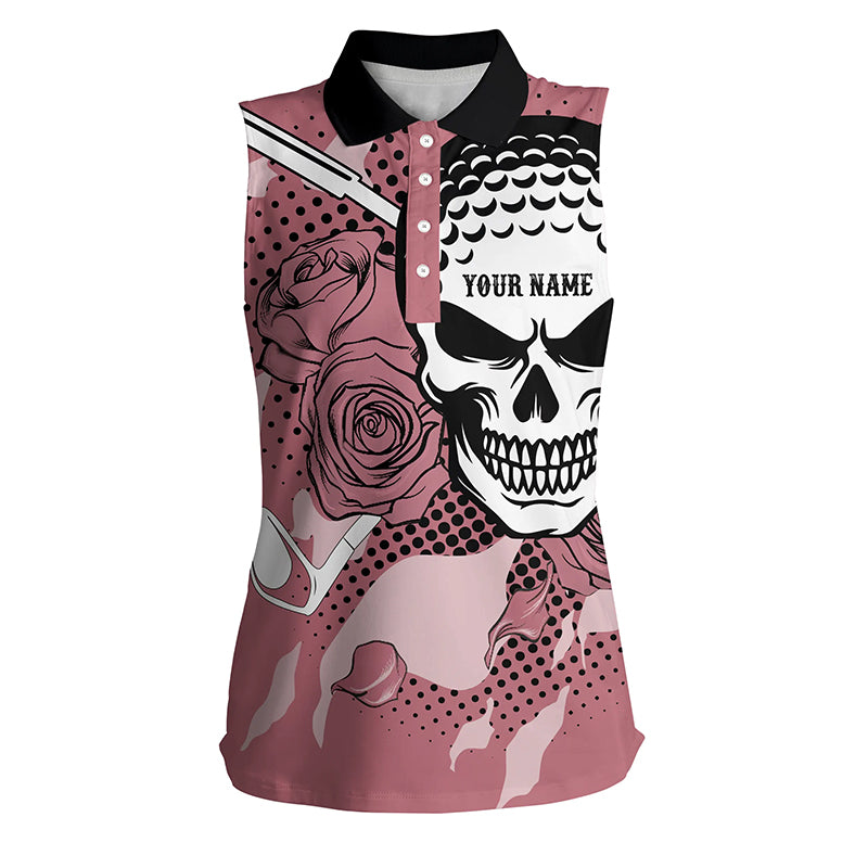 Personalized Pink Skull Womens Sleeveless Golf Polo Shirt Rose Golf Shirts For Women, Cool Golf Gifts LDT0156