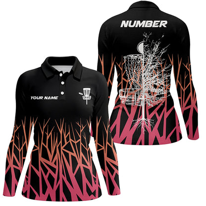 Personalized Disc Golf Basket Tree Pink Gradient Womens Polo Shirt Disc Golf Shirts For Women LDT0720