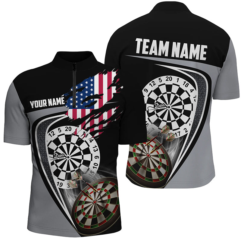 Black Grey American Flag Darts Quarter Zip Shirt Custom Patriotic Dart Jerseys For Men LDT1385