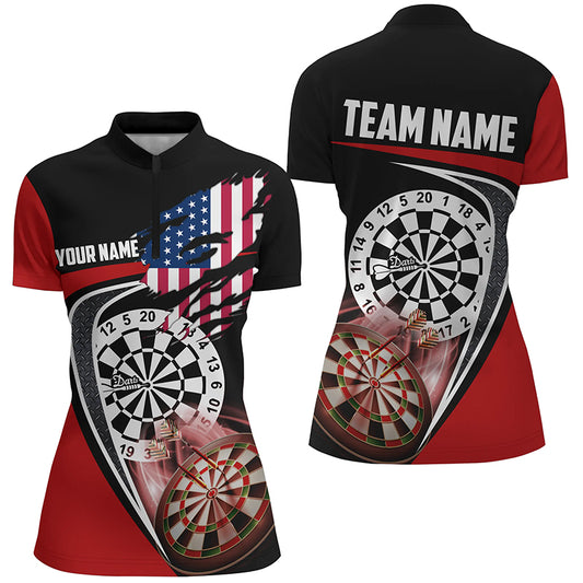Black Red American Flag Darts Quarter Zip Shirt Custom Patriotic Dart Jerseys For Women LDT1386
