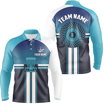 Customized Blue White Mens Disc Golf Polo Shirts Cool Disc Golf Shirt For Men Golf Gifts LDT0747
