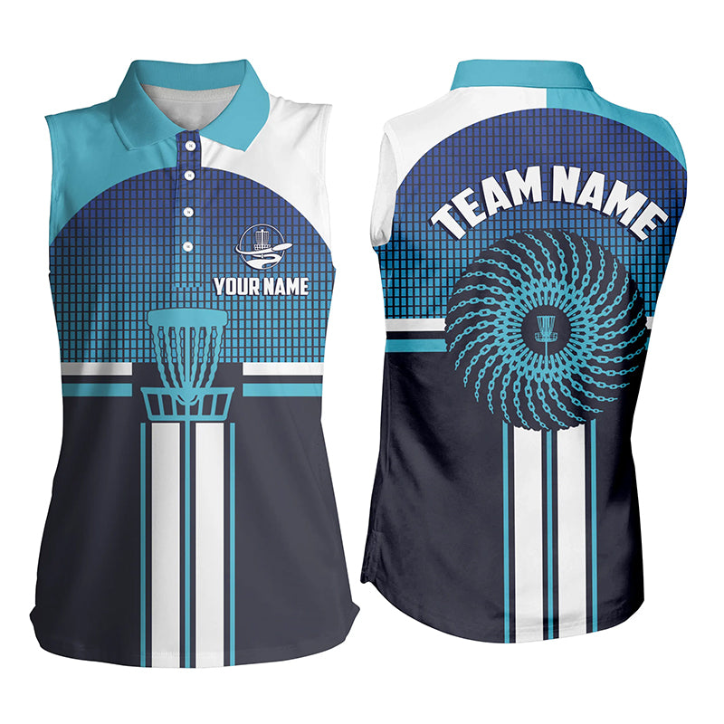 Customized Blue White Disc Golf Womens Sleeveless Polo Shirt Cool Disc Golf Shirt For Women Golf Gift LDT0747
