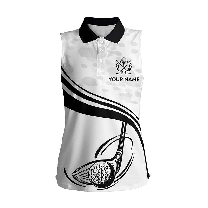 Black White Golf Ball And Club Womens Sleeveless Polo Shirt Cool Golf Shirts For Women Golfing Gifts LDT0463