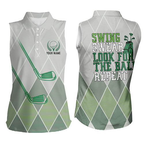 Swing Swear Look For The Ball Repeat Green Geometric Golf Clubs Womens Sleeveless Polo Shirt Golf Tops LDT0535