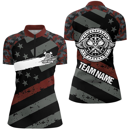 Custom Red Camo Retro American Flag Patriotic Darts Quarter Zip Shirt Women Darts Jersey LDT0870