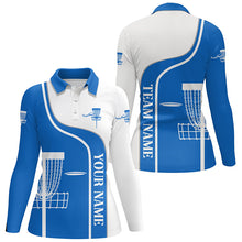 Load image into Gallery viewer, Personalized Disc Golf Basket Blue White Womens Polo Shirt Custom Disc Golf Shirts For Women LDT1250
