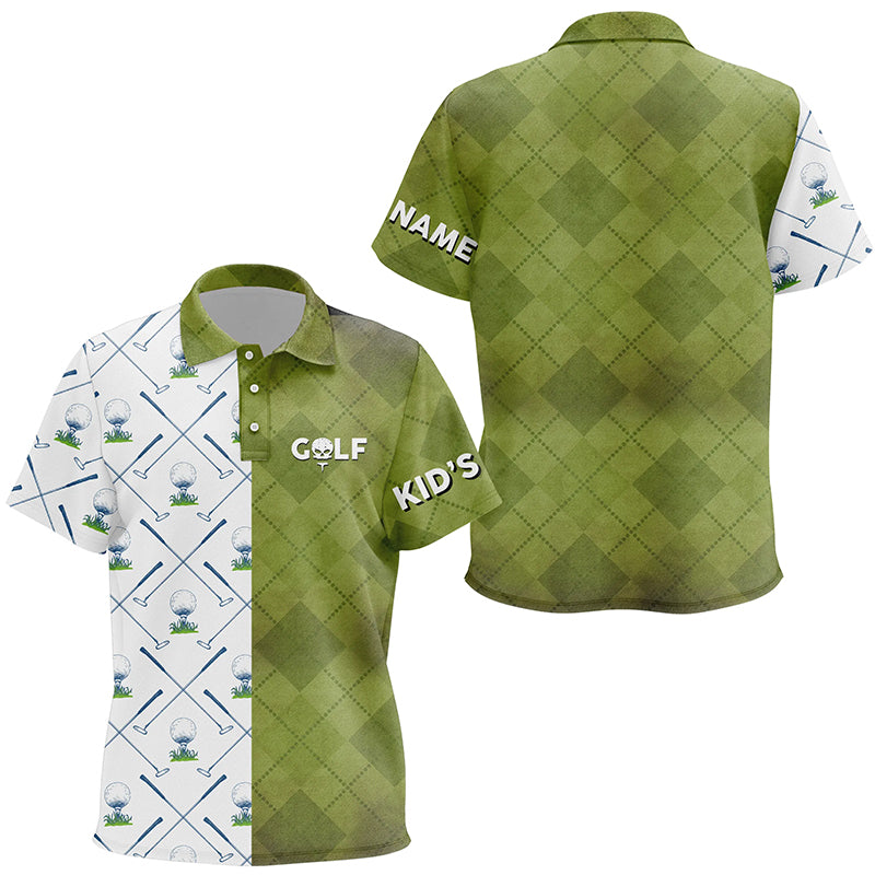 Customized Green And White Kids Golf Polo Shirt Golf Club Argyle Golf Shirts For Kid LDT0266