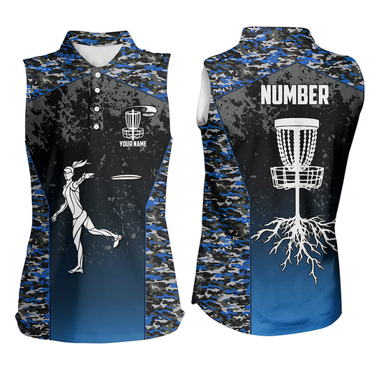 Disc Golf Blue Camo Womens Sleeveless Polo Shirt Custom Camouflage Golf Shirts For Women Golf Gifts LDT0563