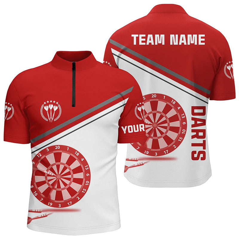 Red White Darts Quarter Zip Shirt With Name Customized Darts Shirts For Men Dart Jerseys LDT1297