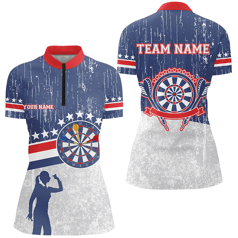 Retro American Flag Darts Quarter Zip Shirt Blue Custom Patriotic Darts Jerseys For Women LDT0310