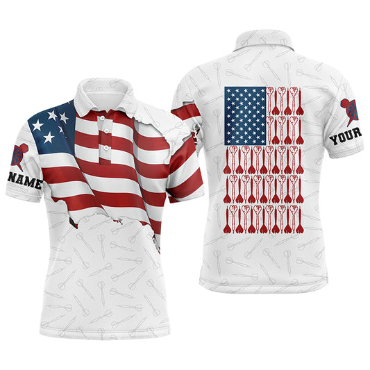 Darts Pattern Waving American Flag White Polo Shirt Patriotic Dart Jersey For Men LDT0362