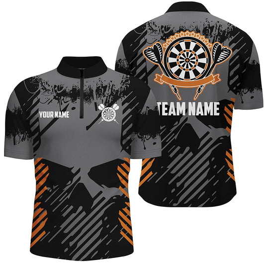 Grey Grunge Orange Skull Darts Quarter-Zip Shirts Custom Dart Shirts For Men Dart Jersey LDT0380