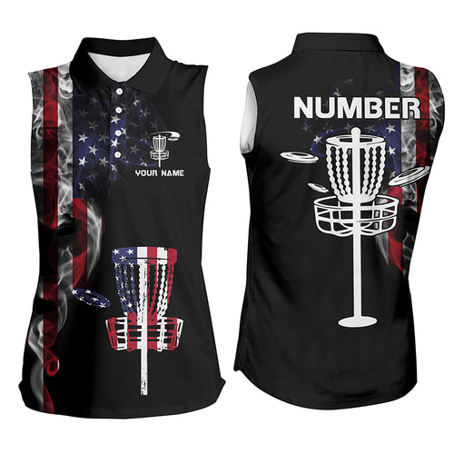 Custom Smoky American Flag Womens Sleeveless Disc Golf Tops Patriotic Disc Golf Shirts For Women LDT0936